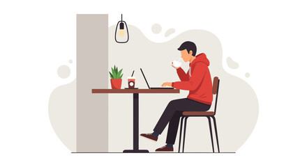 Freelancer Working From A Coffee Shop With Laptop And Beverage Drinking In Peace