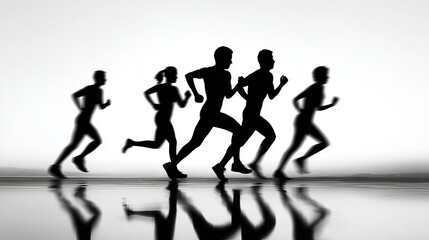 Silhouetted athletes gracefully racing across reflective ground, symbolizing teamwork, endurance, motion and the spirit of competition.