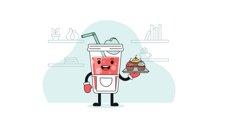 Friendly Beverage Character Serving Cupcakes in A Home Setting Illustration