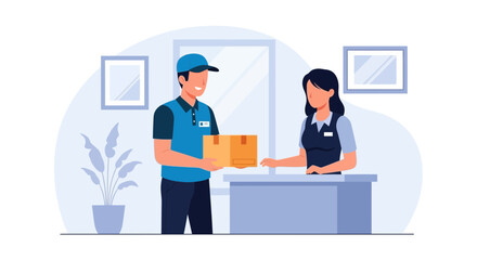 Obraz premium Friendly Delivery Service Agent Delivering Package To Receptionist At Office