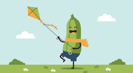 Happy Zucchini Character Flying Kite on a Sunny Day Illustration