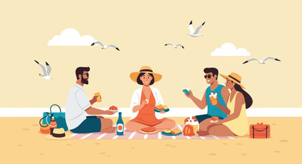 Friends Enjoying Summer Beach Picnic Relaxation With Refreshments And Seaside Vacation