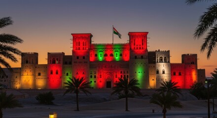 Illuminated Al Ain Palace Museum showcasing Emirati heritage and architectural splendor at twilight