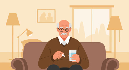 Elderly Man Taking Medication At Home Seated On Sofa Interior Setting
