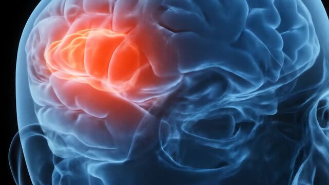Head scan showing brain inflammation against black background, medical illustration