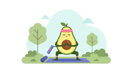 Funny Avocado Character Practicing Yoga In Park Healthy Lifestyle Concept