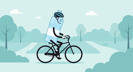 Hydration Hero: Cartoon Water Bottle Character on Bicycle Adventure in Nature