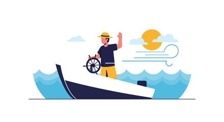 Illustration Of A Sailor Navigating A Boat On The Water At Sunrise