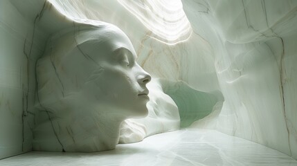 Abstract marble sculpture of a serene female face in a tranquil cave-like environment