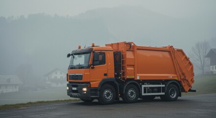 Orange garbage truck parked on a road with foggy mountainous background rural view