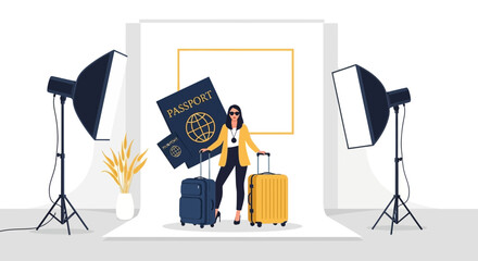 Elegant Traveler Posing In Studio For Travel Mockup Design Concept