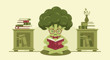 Naklejka premium Funny Broccoli Character Reading A Book In A Library Learning Environment