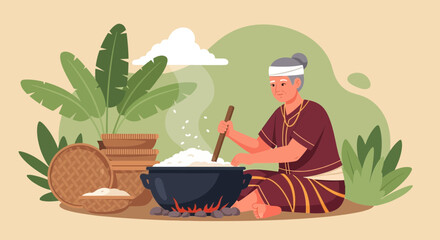 Indigenous Woman Preparing Traditional Rice Dish Over an Open Fire