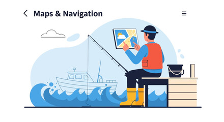 Naklejka premium Innovative Fishing Technology Man Using Digital Map For Recreational Angling