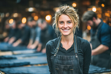 Smiling woman in apron stands confidently in workshop with fellow artisans working on denim fabric