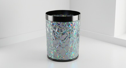 Iridescent faceted trash can, black rim against a white interior wall for contemporary design