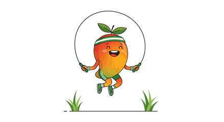 Funny Mango Character Jumping Rope With Healthy Lifestyle And Active Sportswear