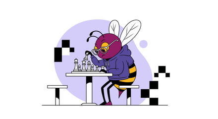 Obraz premium Intelligent Bee Plays Chess Wearing Glasses And A Hoodie