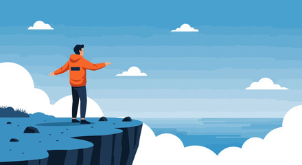 Obraz premium Embracing Freedom Man Standing On Cliff Edge Overlooking Vast Horizon