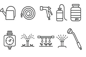 Obraz premium Gardening tools line icon set. hose, sprinkler, watering can in outline style