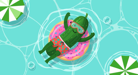 Funny Pickle Cartoon Relaxing on Donut Pool Float Under Summer Umbrellas