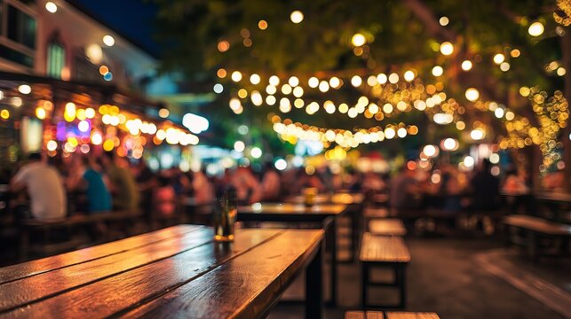 Outdoor restaurant ambience with festive lights and rustic wooden tables in a vibrant night setting