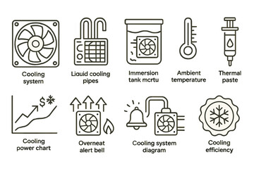 Cooling systems line icon set. thermometer, fan, pipes, gauge, efficiency graphics