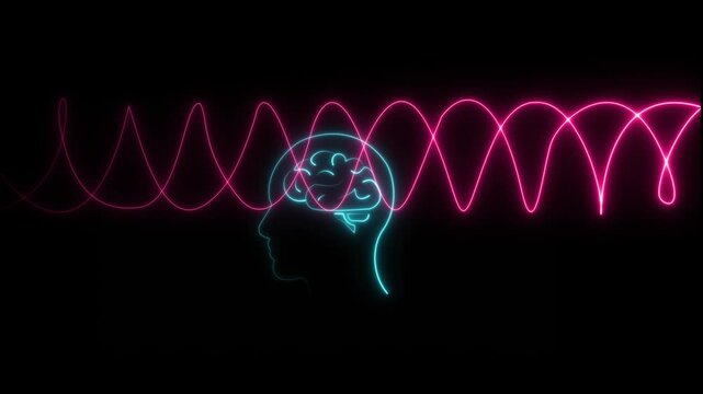 Profile of a human head with neon glowing black background animation and hexagonal brain madical man icon animation structure, artificial intelligence and technology motion