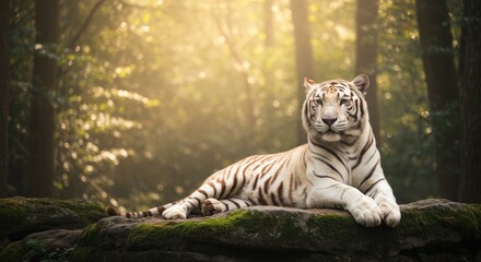 White bengal tiger resting regally on mossy rocks bathed in the serene light of a forest glade