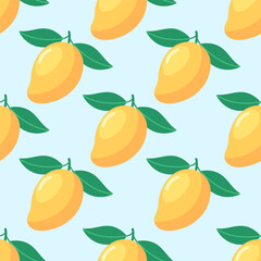 Flat vector illustration of repeating yellow mangoes with green leaves on a light blue background. For card, wallpaper, summer, tropical, kids and fruit design. Seamless pattern. Minimal cartoon art.