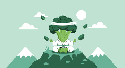Meditating Broccoli Character Achieving Zen On A Mountain Peaceful Wellness