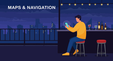 Evening City View with Mobile Navigation App in Modern Urban Landscape