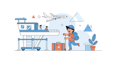 Excited Child Traveler At Airport About To Board Plane For Vacation