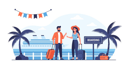 Excited Couple Ready To Board Cruise Ship For Tropical Vacation Adventure