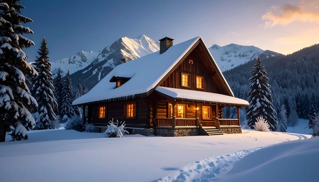 Cozy log cabin in snowy mountains