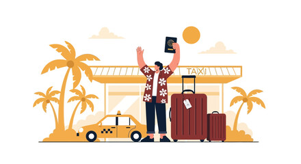 Excited Tourist Arriving At Tropical Destination Airport With Luggage