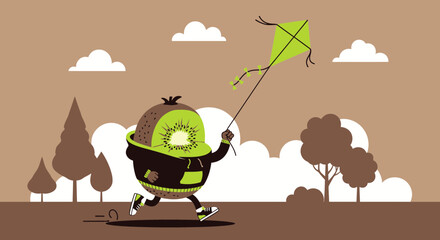 Kiwi Character Having Fun Flying a Kite Outdoors on a Beautiful Day