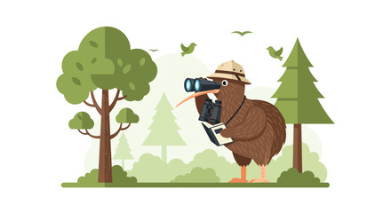 Kiwi Ornithologist In Forest Looking Through Binoculars With Notepad