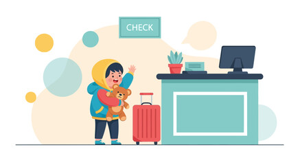 Excited Young Traveler Checking Into Hotel With Suitcase And Teddy Bear