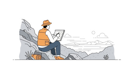 Landscape Artist Sketching Mountain View On A Rocky Outcrop During Nature Trip