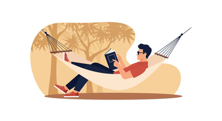 Leisurely Afternoon Reading Man Relaxing In Hammock Under Tree Illustration