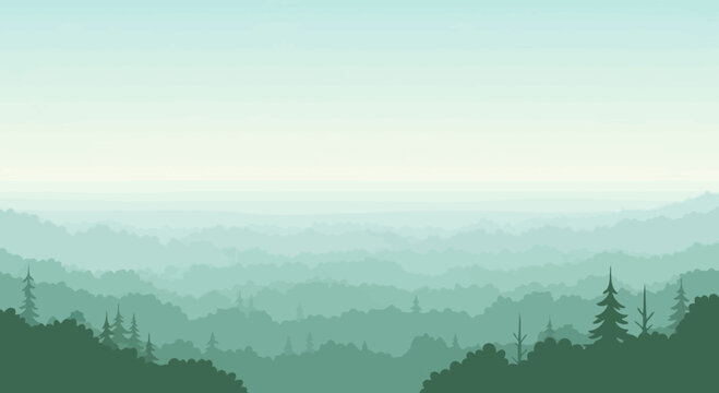Layered Misty Forest Hills Scenery Background Green And Teal Colors