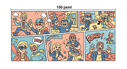 Exciting Comic Book Panel With Superheroes And Action In Dynamic Scenes On A White Background