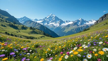 Fototapeta premium Majestic Alpine Landscape: Colorful Wildflower Meadow Leading to Snow-Capped Mountains Under Blue Sky