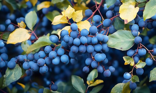 Blueberries, Mahonia aquifolium (Oregon-grape or Oregon grape), and bush, a species of flowering plant in the family Berberidaceae, native to western North America. Natural wallpaper.  