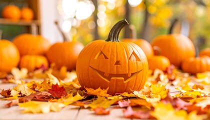 Jack-o'-lantern in autumn leaves