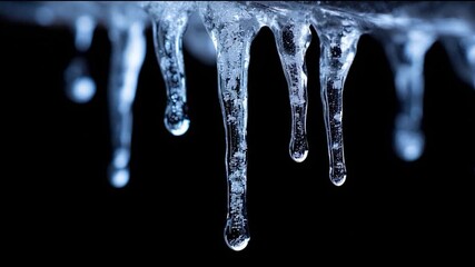 Several clear, glistening icicles hang from above against a dark background, highlighting the cold winter atmosphere. - Powered by Adobe