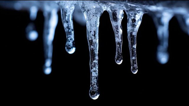 Several clear, glistening icicles hang from above against a dark background, highlighting the cold winter atmosphere.