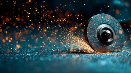Grinding wheel sparks illuminate dark workspace, showcasing industrial manufacturing, precision and metalworking craftsmanship with light