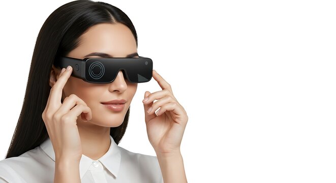 A young woman is wearing high-tech glasses. 